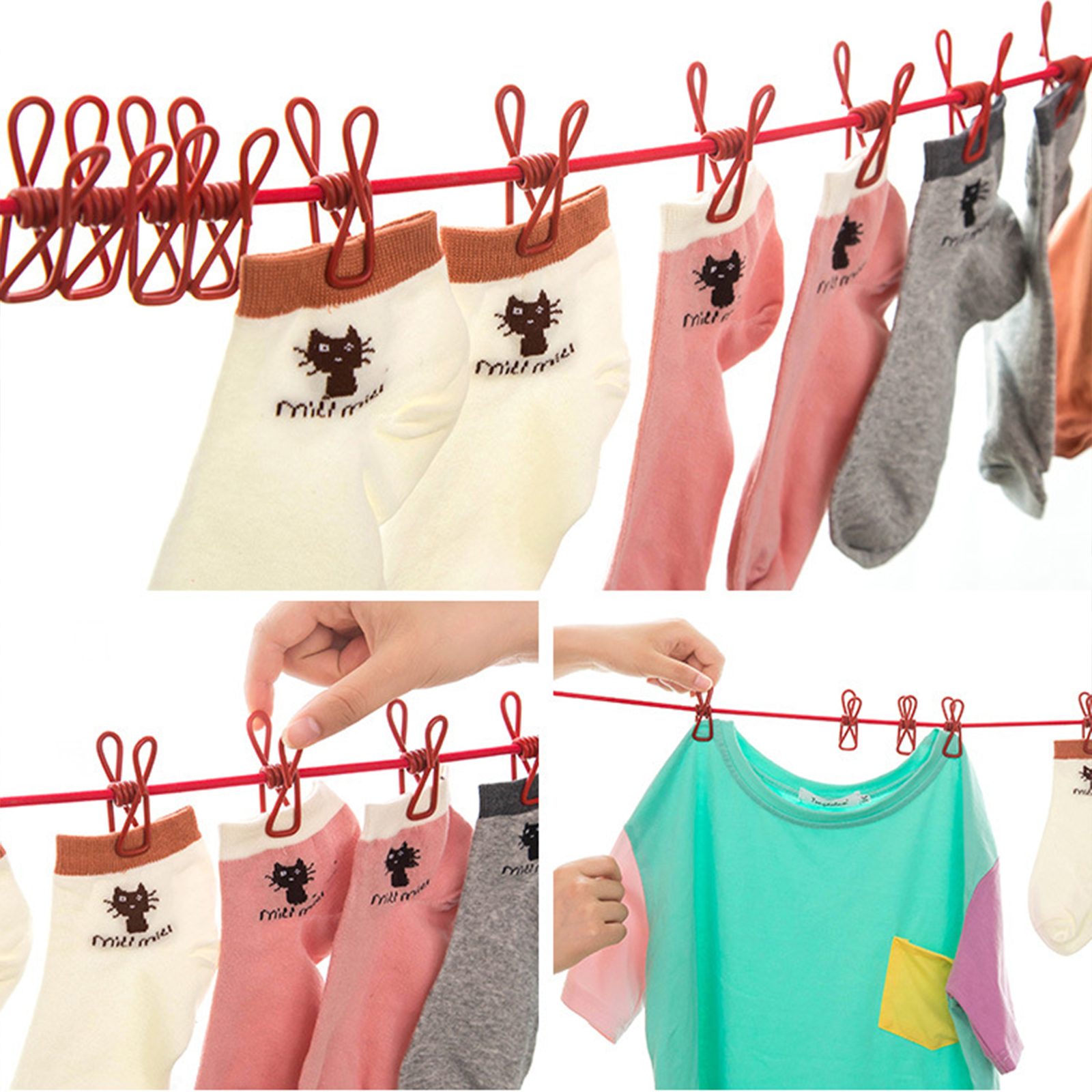 ราวยางยืดหนีบผ้า กิ๊บหนีบ12ตัว ราวตากผ้า ราวเชือกแขวนผ้า ความยาว174cm ยืดได้ มีให้เลือก 7สี