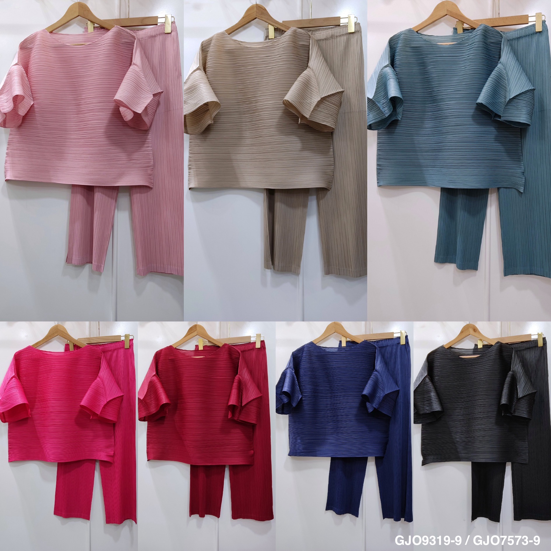 สีใหม่! 2MUAY รุ่น GJO9319-9 / GJO7573-9 เซ็ตพลีทคุณภาพ FLARE SLEEVE TOP WITH PANT PLEATED SET 7 สี FREE SIZE