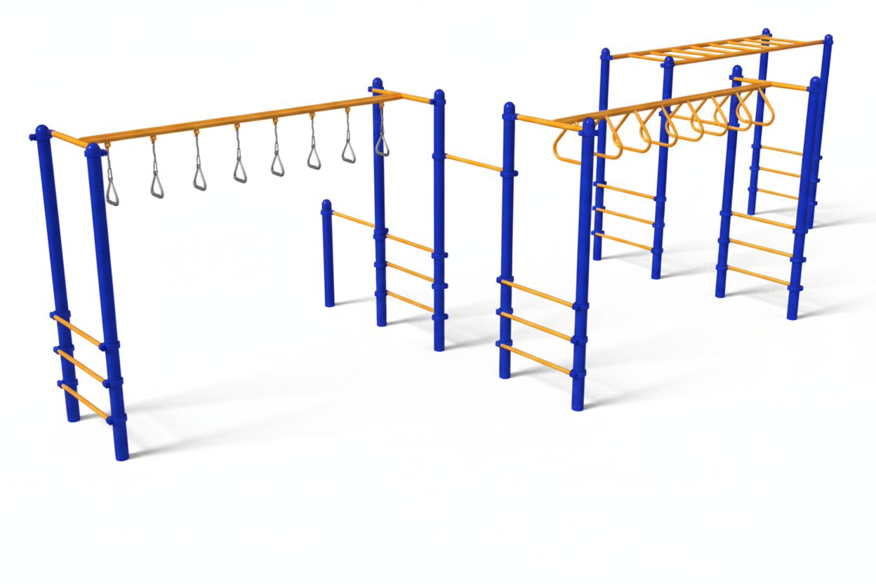 บาร์โหน+ปีนป่ายทรงตัว, เครื่องเล่นสนามกลางแจ้ง เหล็ก, ตั้งพื้น,OutdoorPlayground, ออกกำลังกายเด็ก สำหรับสนามกีฬา สวนสาธารณะ เทศบาล ผลิตในไทย ขนาด 400x400x200 ซม.