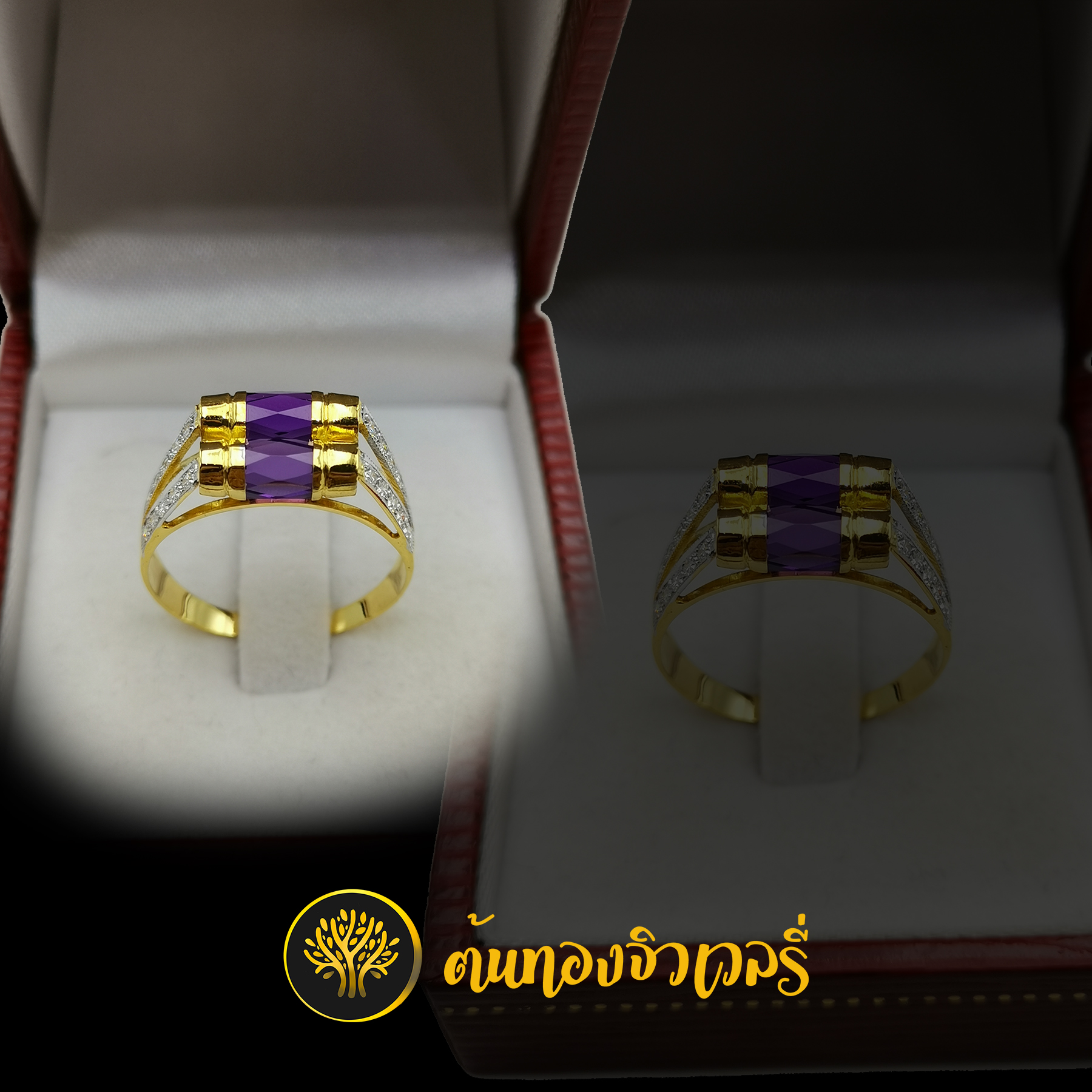 แหวนทอง โกเมนม่วง ก้านแยกฝังเพชร เม็ดโกเมนสีสวยๆ งานดีเวอร์ๆเลย