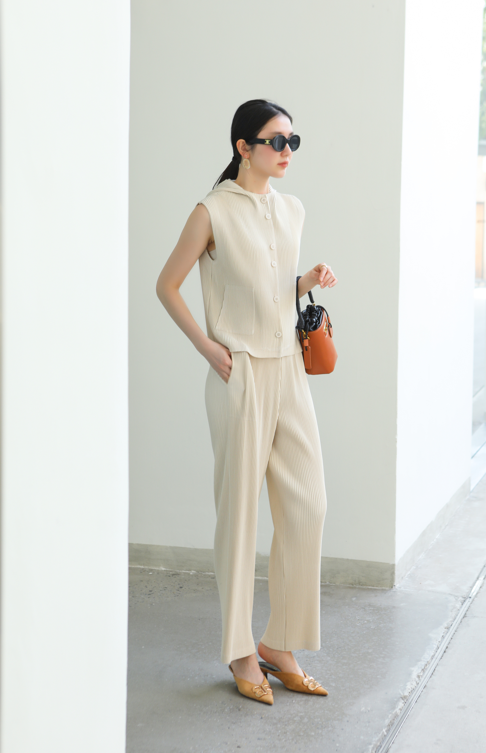 2MUAY รุ่น GJO5103-9 / GJO5151-9 เซ็ตพลีทคุณภาพ THICK SLEEVELESS HOODED TOP WITH PANT PLEATED SET 8สี FREE SIZE