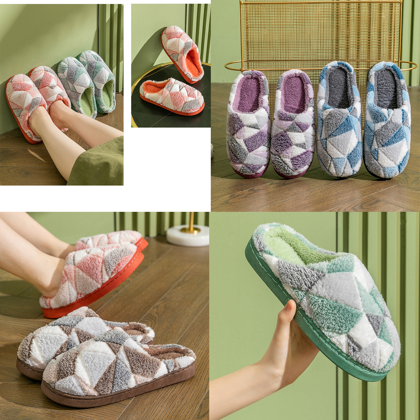 รองเท้าใส่ในบ้าน P971-เพชรสลับ สไตล์ญี่ปุ่น ผ้าฝ้าย(Cotton) ขนนุ่ม พื้นนิ่ม ใส่สบายเท้า พื้นยางกันลื่น