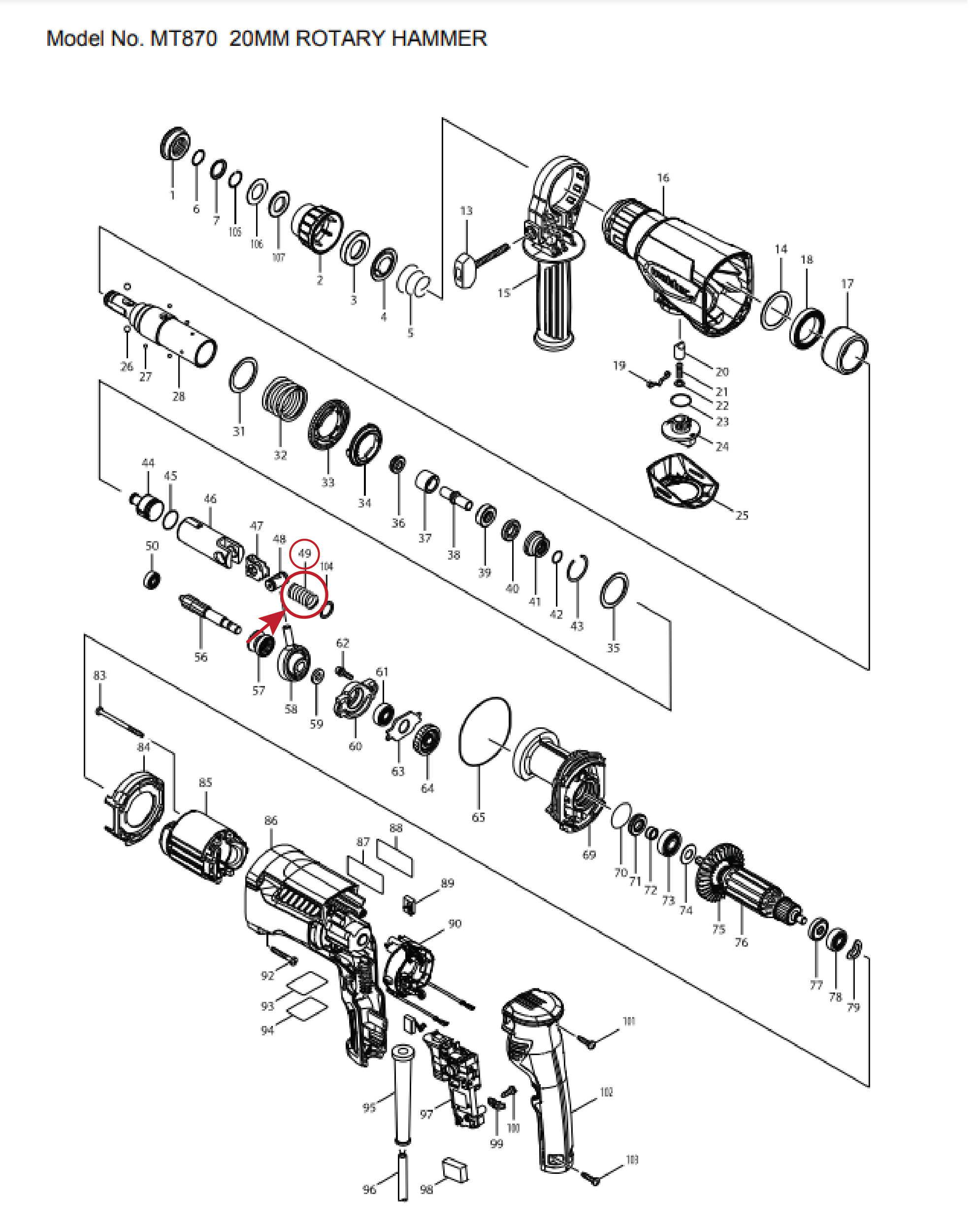 สปริง ดันแกนกระบอกสูบ (แท้) (234098-7) สว่านโรตารี่ Makita มากีต้า รุ่น M8701B, M8701, M8700, HR2600, HR2601, HR2610, HR2611F, HR2611FT, HR2621, HR2630, HR2631F, HR2641 - Maktec มาคเทค รุ่น MT870, MT871 (234098-7) (อะไหล่แท้100%) COMPRESSION SPRING 14