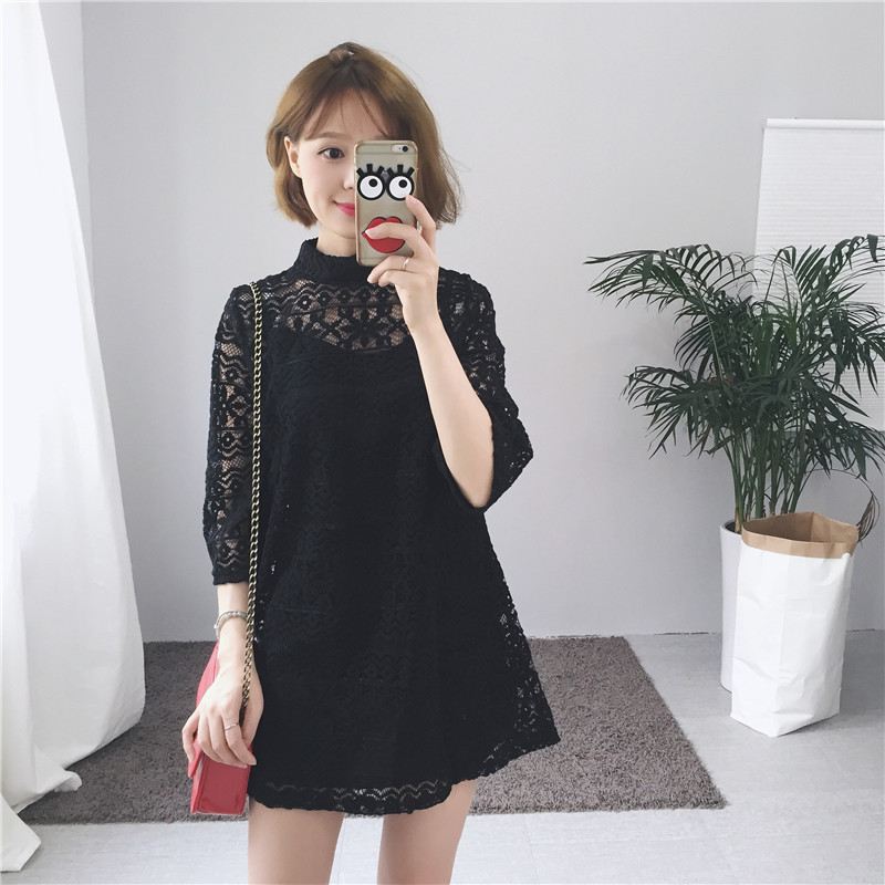 ชุดเดรสลูกไม้คอปิด ซิปซ่อนด้านหลัง ลายลูกไม้ตามแบบ มี 3 สี ดำ/เทา/ขาว