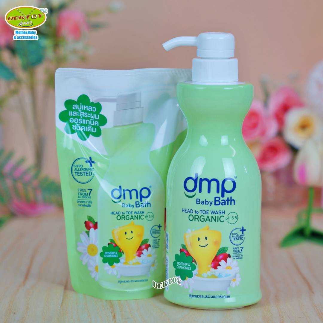 DMP ดีเอ็มพี สบู่เหลวออร์แกนิค โรส ฮิป คาโมมายล์ ถนอมผิวนุ่ม ผมลื่น ไม่พันกัน สีเขียว 480 + 250 มล.