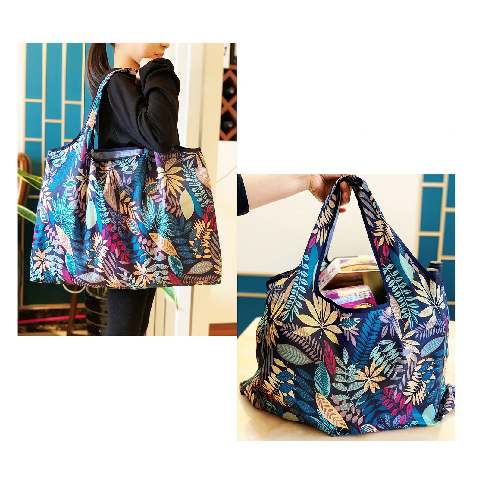 กระเป๋าผ้า Set-2 ถุงช็อปปิ้งกันน้ำพับได้ ใบใหญ่ 56x41+26cm พับเก็บได้ ถุงผ้าใส่ของ มีหลายลาย สีสันสวยงาม