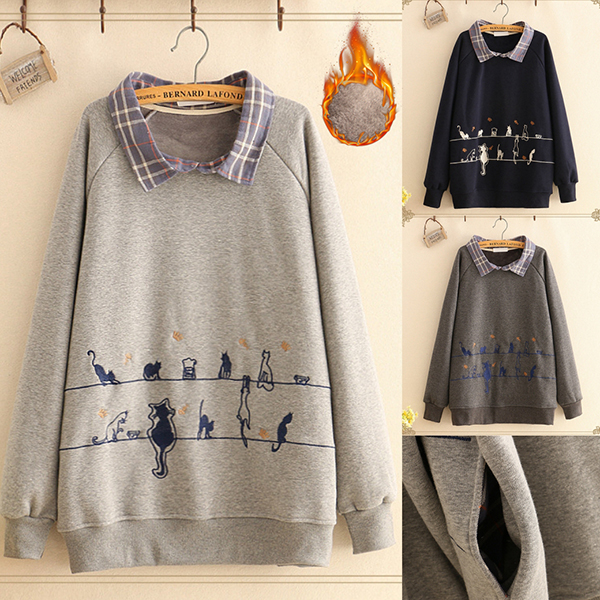 เสื้อสเวตเตอร์กันหนาวแฟชั่นญี่ปุ่น ผ้าซับกำมะหยี่ปักลายแมว-12362