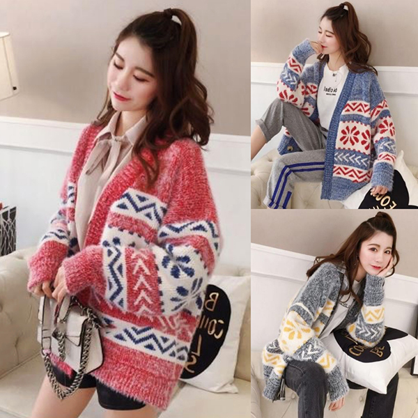 [SALE] คาร์ดิแกนกันหนาวรุ่นหนา เสื้อคลุมไหมพรมขนนุ่มถักลายวินเทจ-12275