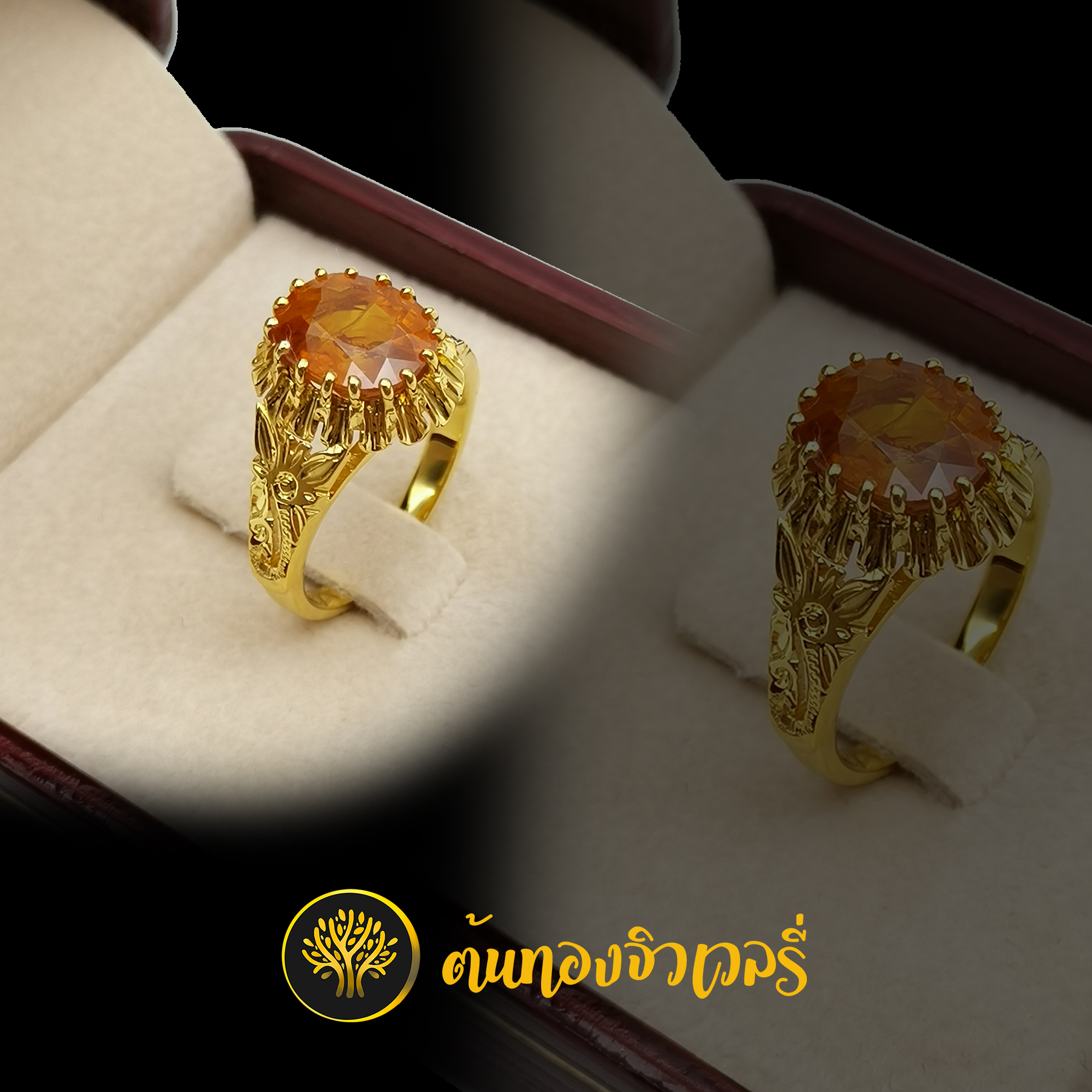 แหวนพลอยบุษราคัม ข้างลายดอกไม้ สวยเนียน โดดเด่น พลอยเม็ดเดียวเด่นๆเลย