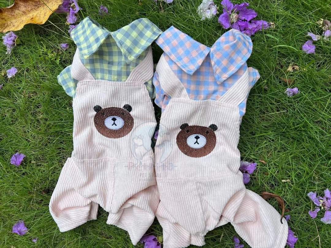 🇹🇭พร้อมส่ง🇹🇭 ชุดจั๊มสูทเอี๊ยมลูกฟูกลายหมี&เสื้อลายสก๊อตทูโทน