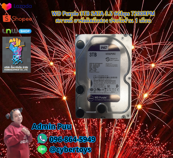 WD Purple 3TB SATA 3.5 6Gbps 7200RPM สภาพดี ฮาร์ดดิสมือสอง ประกันร้าน 1 เดือน
