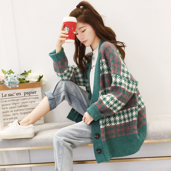 [SALE] CARDIGAN เสื้อคลุมไหมพรมคอวี ผ้าหนานุ่มถักลายตาราง-12272