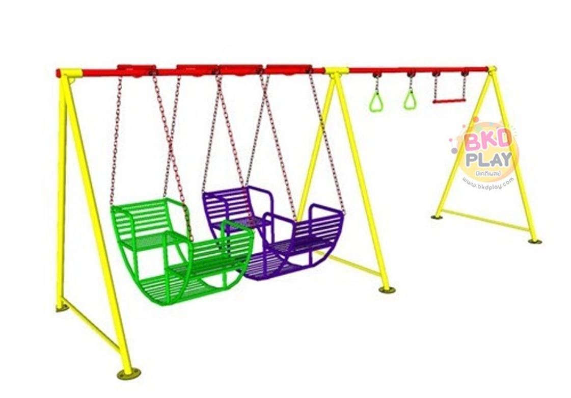 เครื่องเล่นสนามกลางแจ้ง เหล็ก ชุดชิงช้ากระเช้า 2 ที่นั่ง พร้อมห่วงโหน ปรับแบบใหม่ตามมาตรฐาน มอก. ชิงช้ากระเช้า ชิงช้านั่งเล่น Outdoor Playground, ราคาโรงงาน สินค้าสั่งผลิต 10-20 วัน