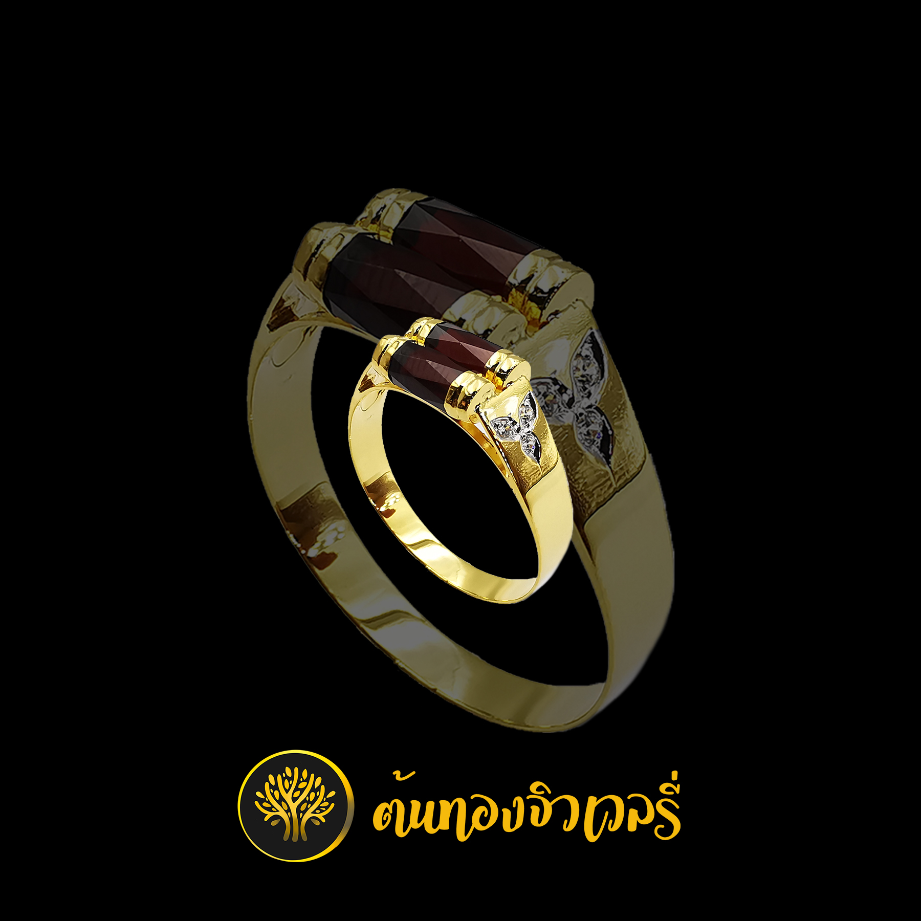 แหวนโกเมน2เม็ด ข้างฝังเพชร งานสวยเนียน ต้องเราเท่านั้น