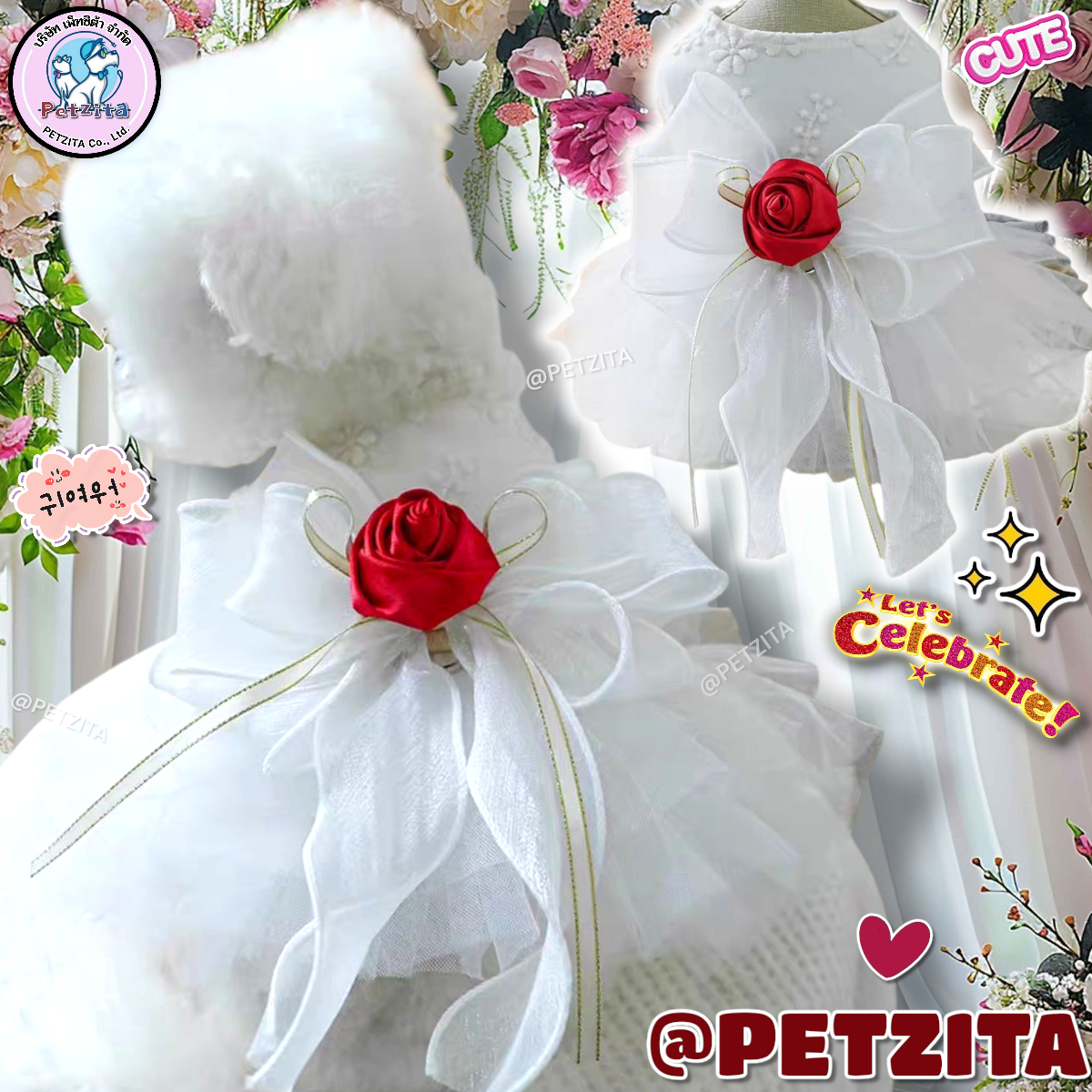 🇹🇭พร้อมส่ง🇹🇭🌟👰🩷เดรสเจ้าสาวแสนสวยติดกุหลาบแดง งานแบรนด์ For PET สุนัข แมว เดรสสัตว์เลี้ยง