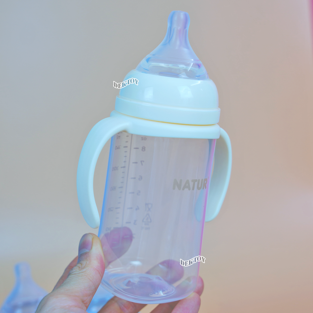 Natur infinit one size ขวดนมเนเจอร์อินฟินิท คอกว้าง PES สีชา และ PP 5 และ 9 ออนซ์ จุกนมไม่ดูดไม่ไหล 0-18 เดือน