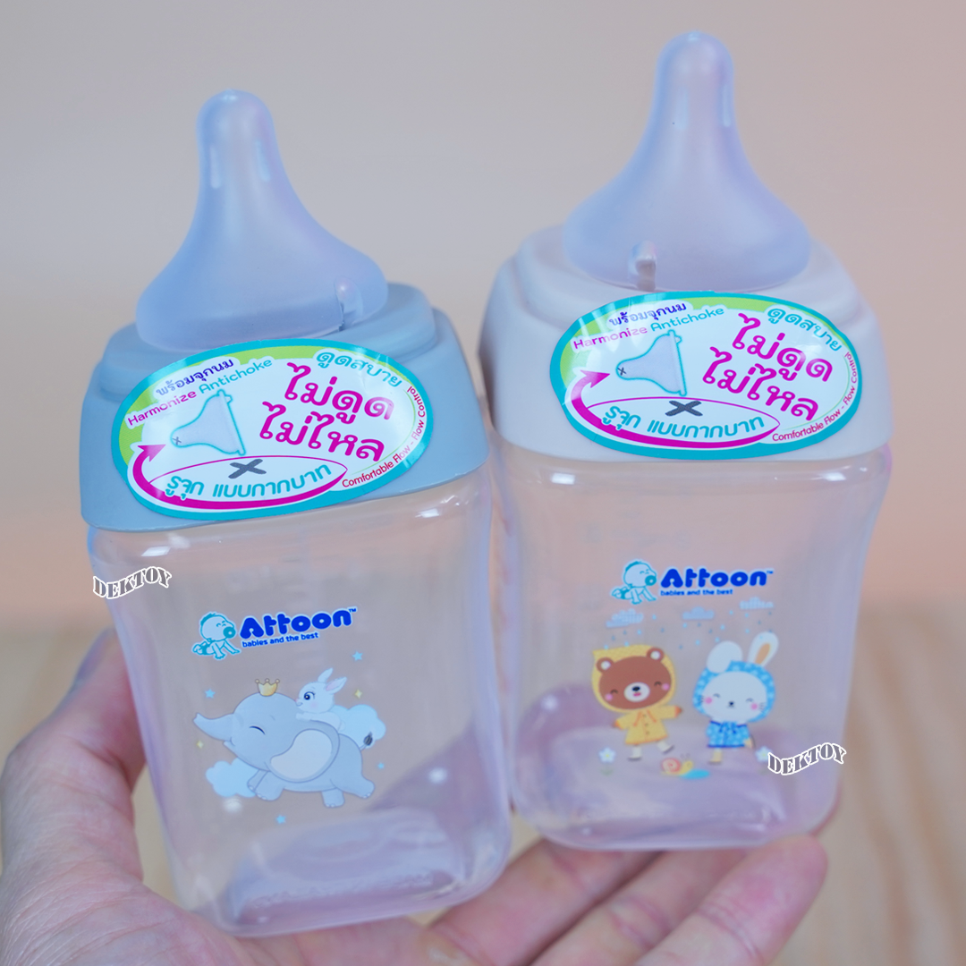 ขวดนมแอทตูน PP คอกว้าง ขนาด 5 และ 9 ออนซ์ มาพร้อมกับจุก หนา นุ่ม ไม่ดูดไม่ไหล