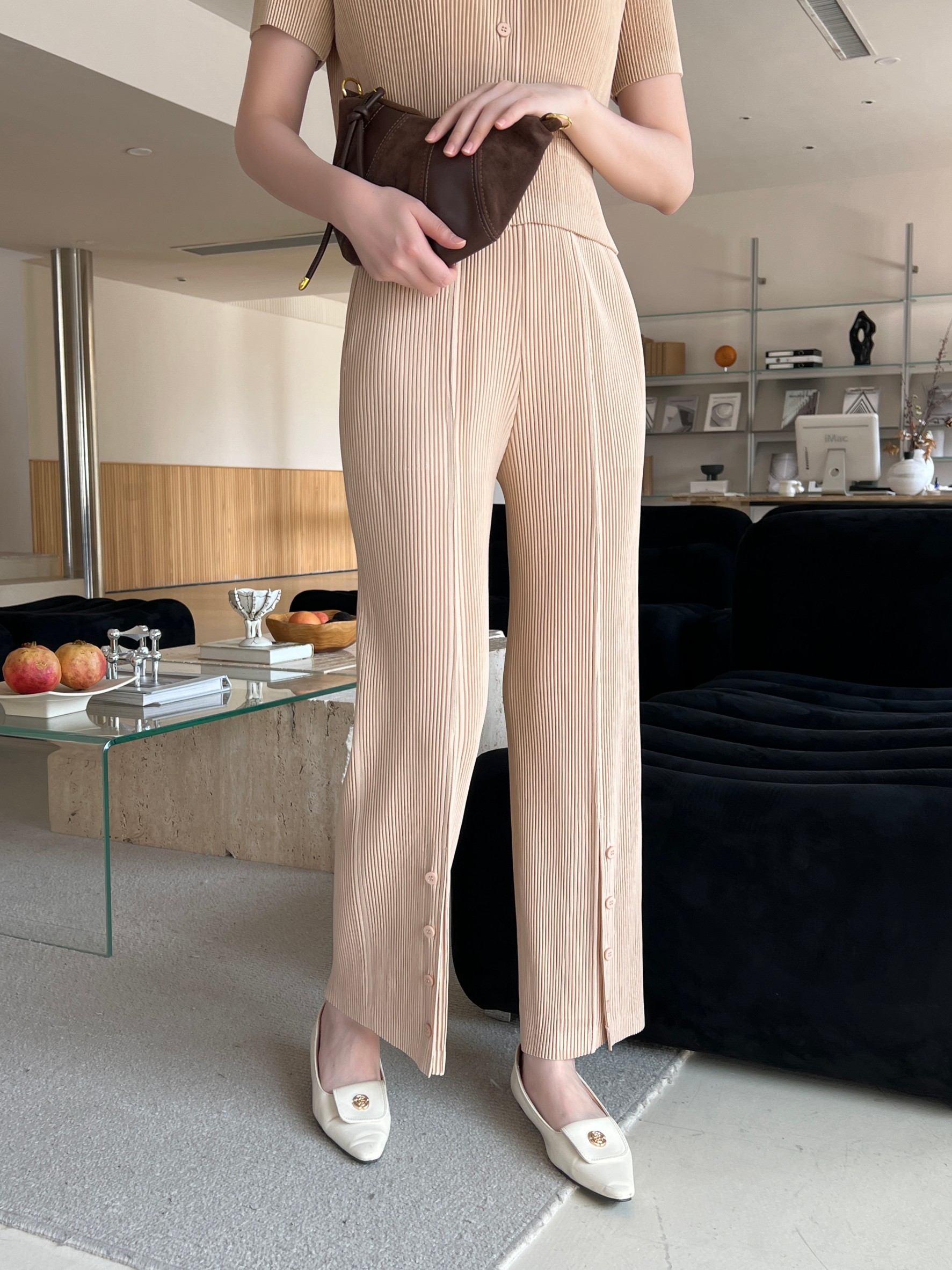 ยาว 38.5 นิ้ว 2MUAY รุ่น GJO1871 กางเกงพลีทคุณภาพ THICK STRAIGHT LEG SPIT FRONT PLEATED PANTS 10สี FREE SIZE