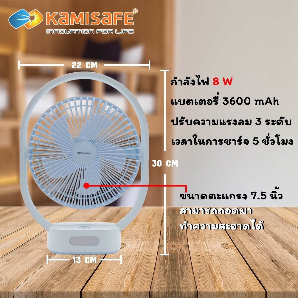 พัดลมตั้งโต๊ะ พร้อมไฟฉุกเฉิน แบตเตอรี่ 3,600 mAh รุ่น KM-F0516