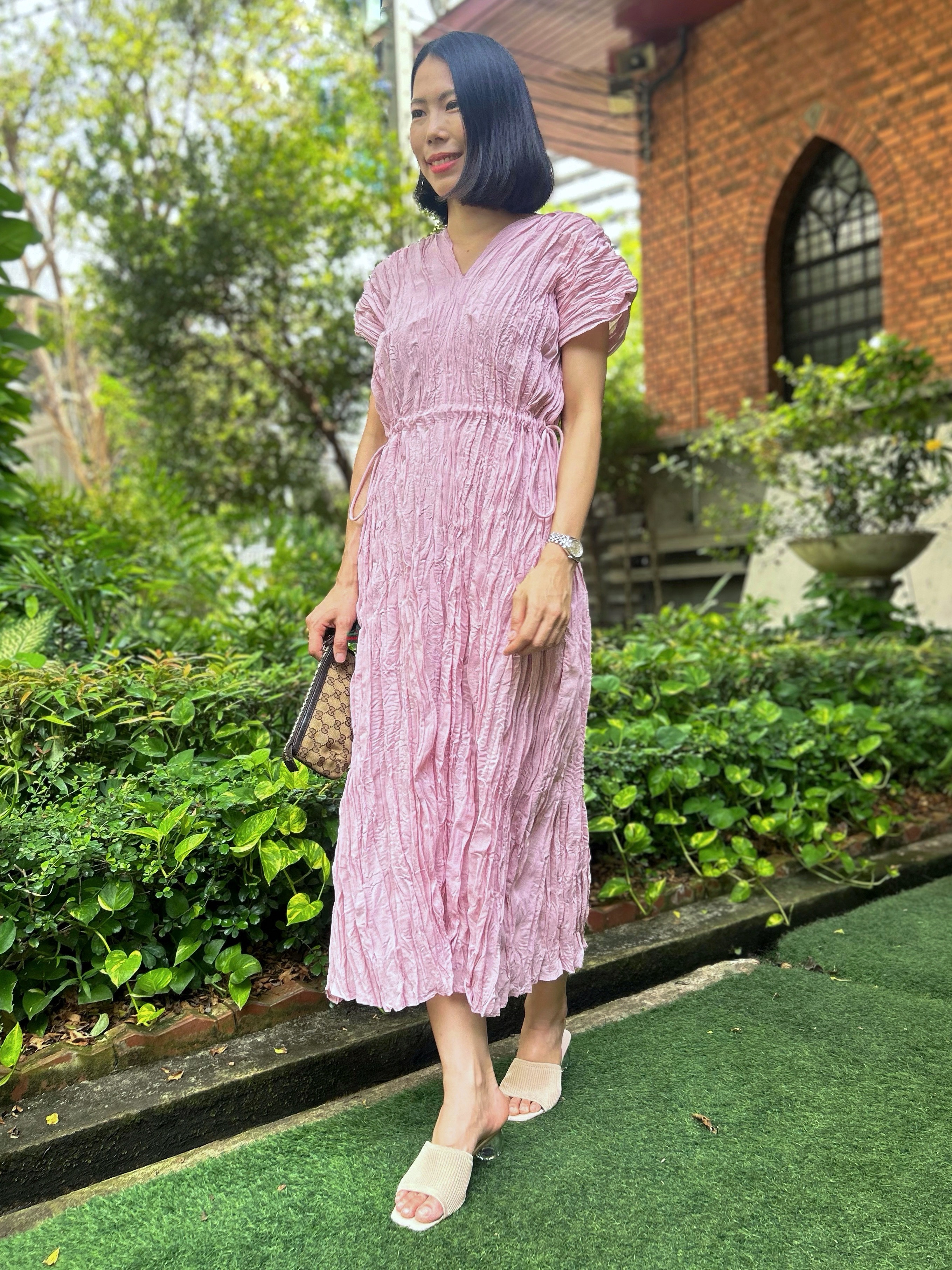 ปรับราคาลง20%!! 2MUAY รุ่น GJO3558 เดรสพลีทคุณภาพ V NECK WAIST TIE PLEATED DRESS 6 สี FREE SIZE