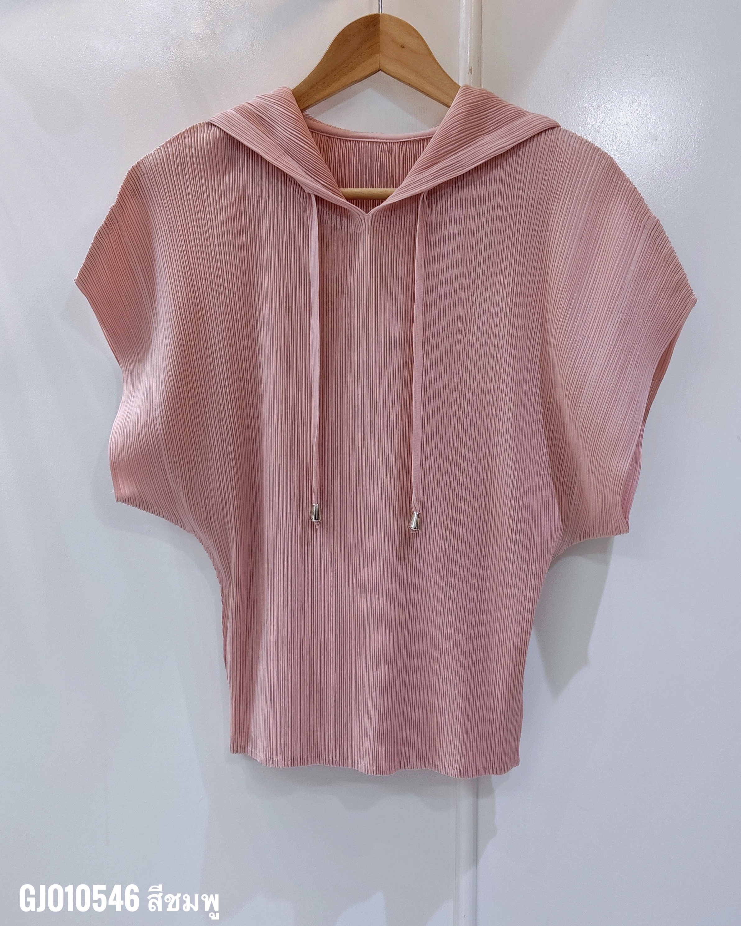 2MUAY รุ่น GJO10546 เสื้ออัดพลีท SHORT SLEEVE PLEATED HOODED PLEATED TOP 10 สี FREE SIZE