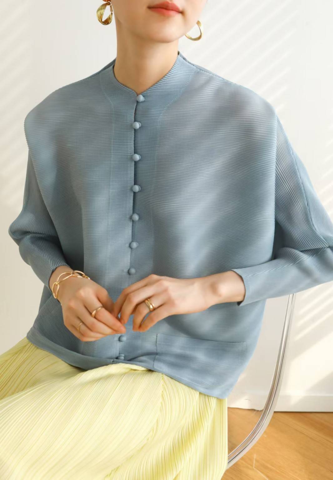 2MUAY BASIC รุ่น GJO2066 เสื้ออัดพลีทงานคุณภาพ BUTTON FRONT PLEATED TOP 17สี FREE SIZE