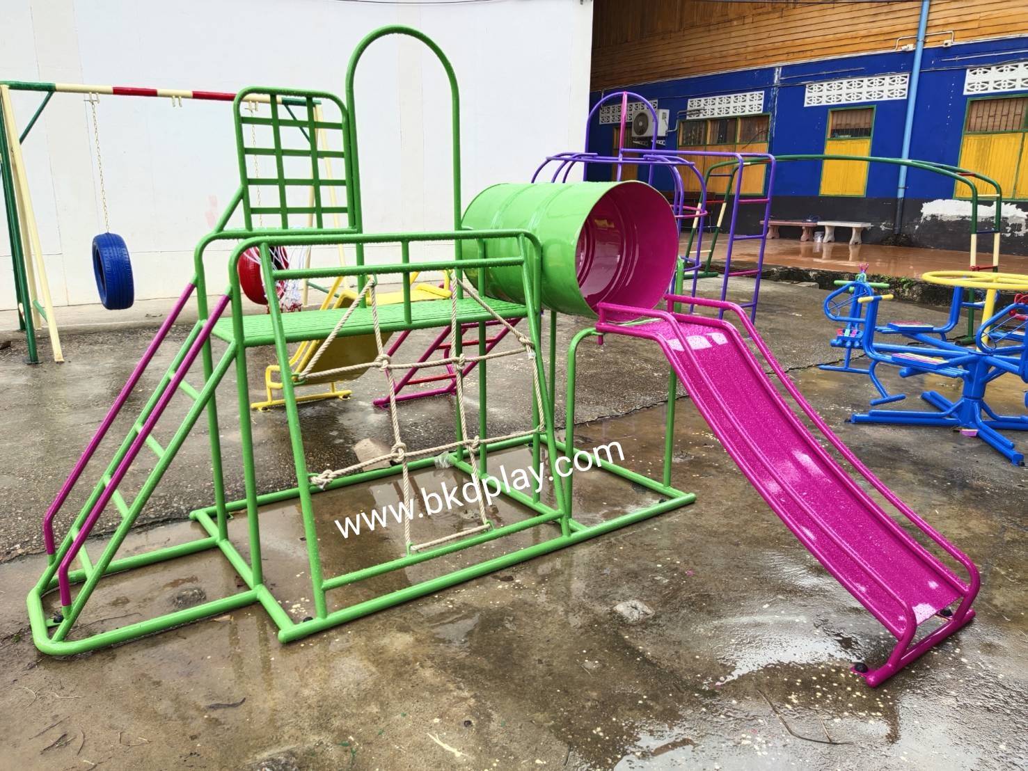 เครื่องเล่นสนามชุดรวมD ประกอบด้วยสไลเดอร์ปีนป่ายแป้นบาสและถังลอด, เครื่องเล่นสนามกลางแจ้ง , เครื่องเล่นสนามเหล็ก, ของเล่น, OutdoorPlayground,สนามเด็กเล่น,เครื่องเล่นงบสพฐ.ประชารัฐ ราคาโรงงาน
