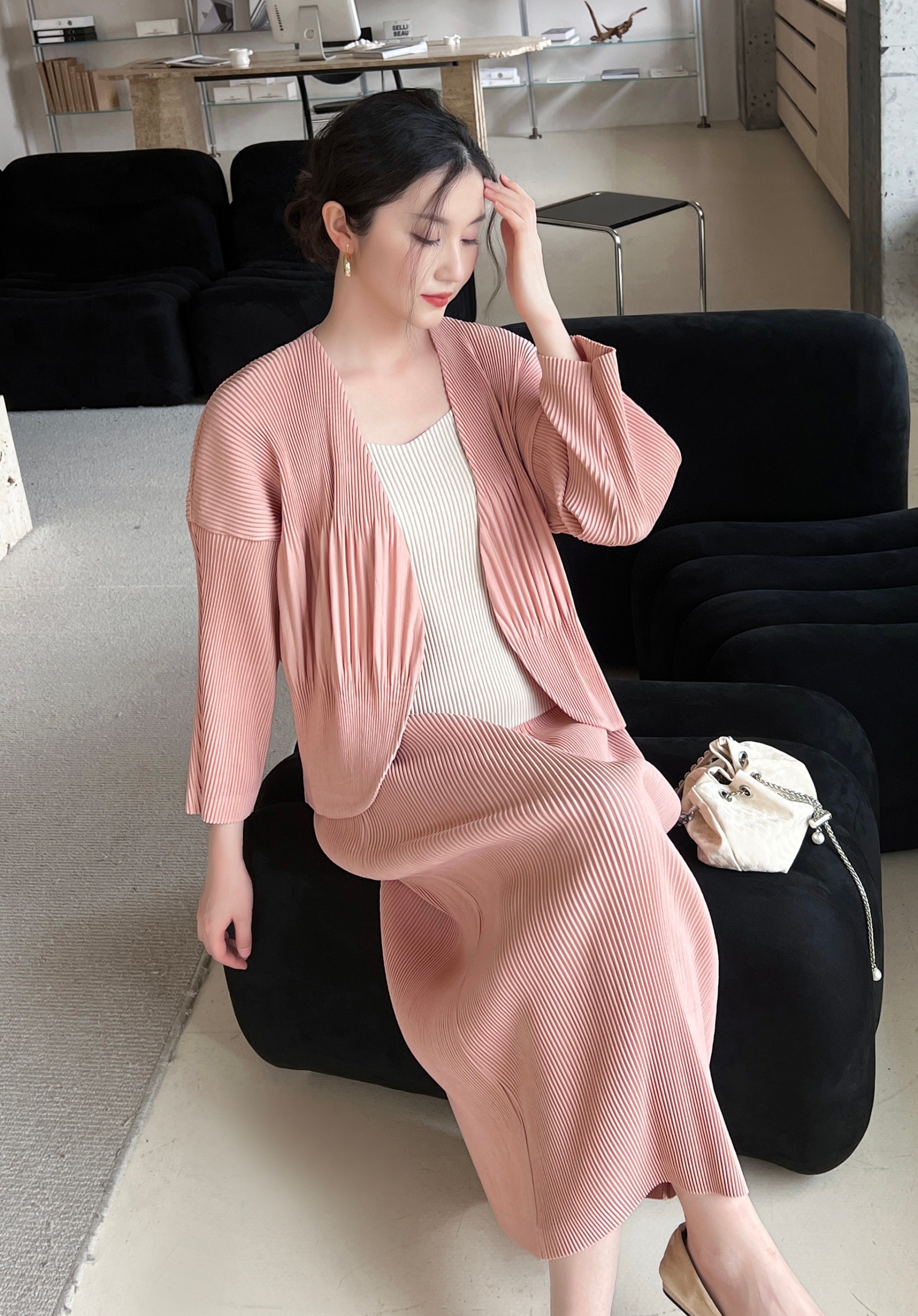 เซ็ต 2ชิ้น! 2MUAY รุ่น GJO5160 / GJO1328 เซ็ตพลีท THICK OPEN FRONT CARDIGAN WITH SKIRT PLEATED SET 12 สี FREE SIZE