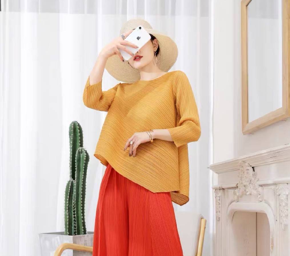 อก 38 นิ้ว 2MUAY รุ่น GJO7161 เสื้อพลีทงานคุณภาพ เสื้อผู้หญิง 13สี FREE SIZE HALF SLEEVE ASYMMETRIC PLEATED TOP