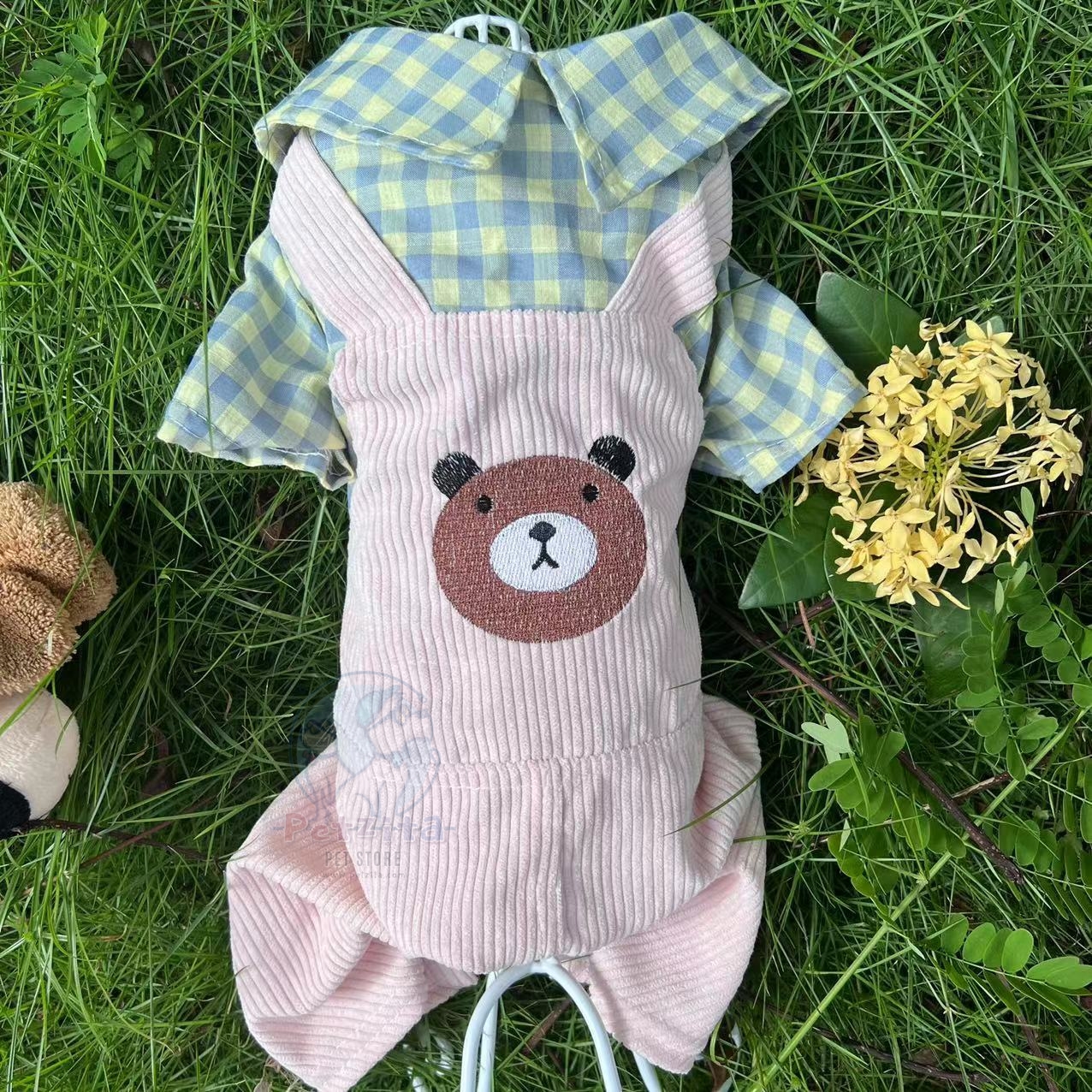 🇹🇭พร้อมส่ง🇹🇭 ชุดจั๊มสูทเอี๊ยมลูกฟูกลายหมี&เสื้อลายสก๊อตทูโทน