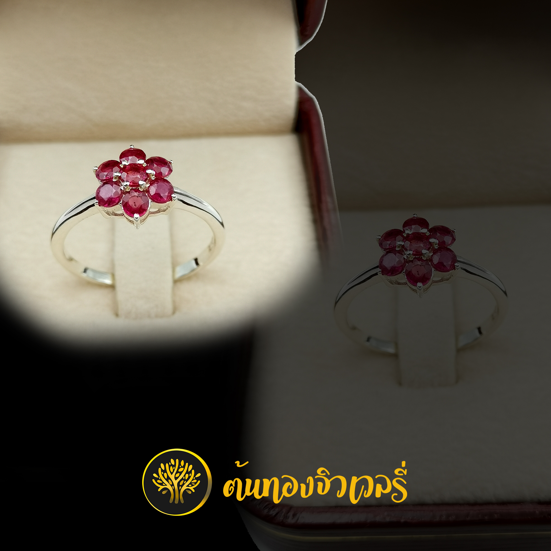 แหวนเงินพลอยทับทิม ฝังเป็นรูปดอกไม้ หน้าแหวนสวยๆเด่นๆด้วยพลอยทับทิม งานดีมากกก
