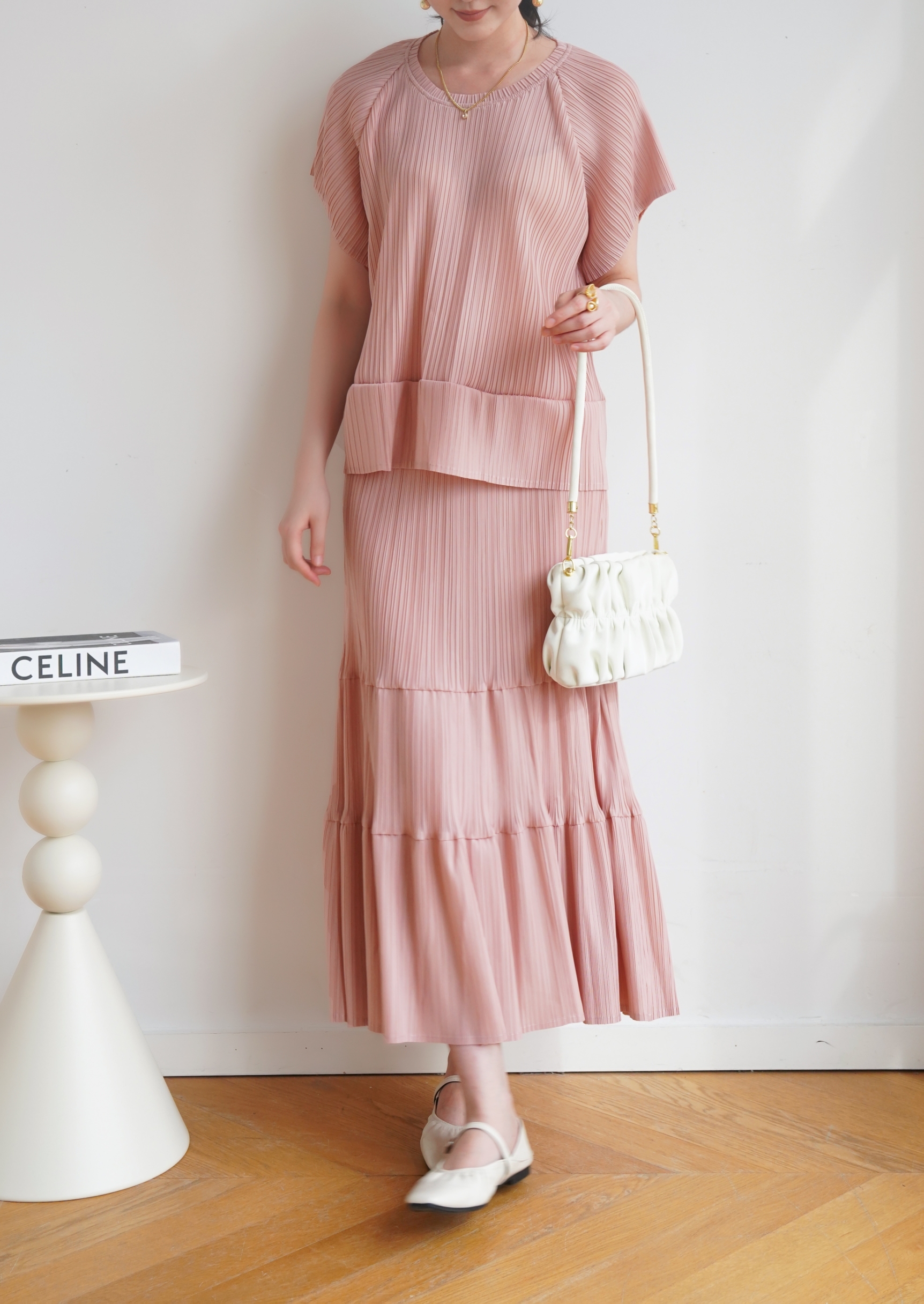ปรับราคาลง20%!! 2MUAY รุ่น GJO1123 /GJO1124 เซ็ตพลีต ROUND NECK SHORT SLEEVE TOP WITH RIPPLE SKIRT PLEATED SET 10สี FREE SIZE