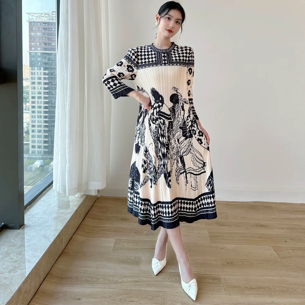 ปรับราคาลง30%!! 2MUAY รุ่น CX2465 เดรสพลีทคุณภาพ ROUND NECK LONG SLEEVE PRINTED PLEATED DRESS 4 สี FREE SIZE