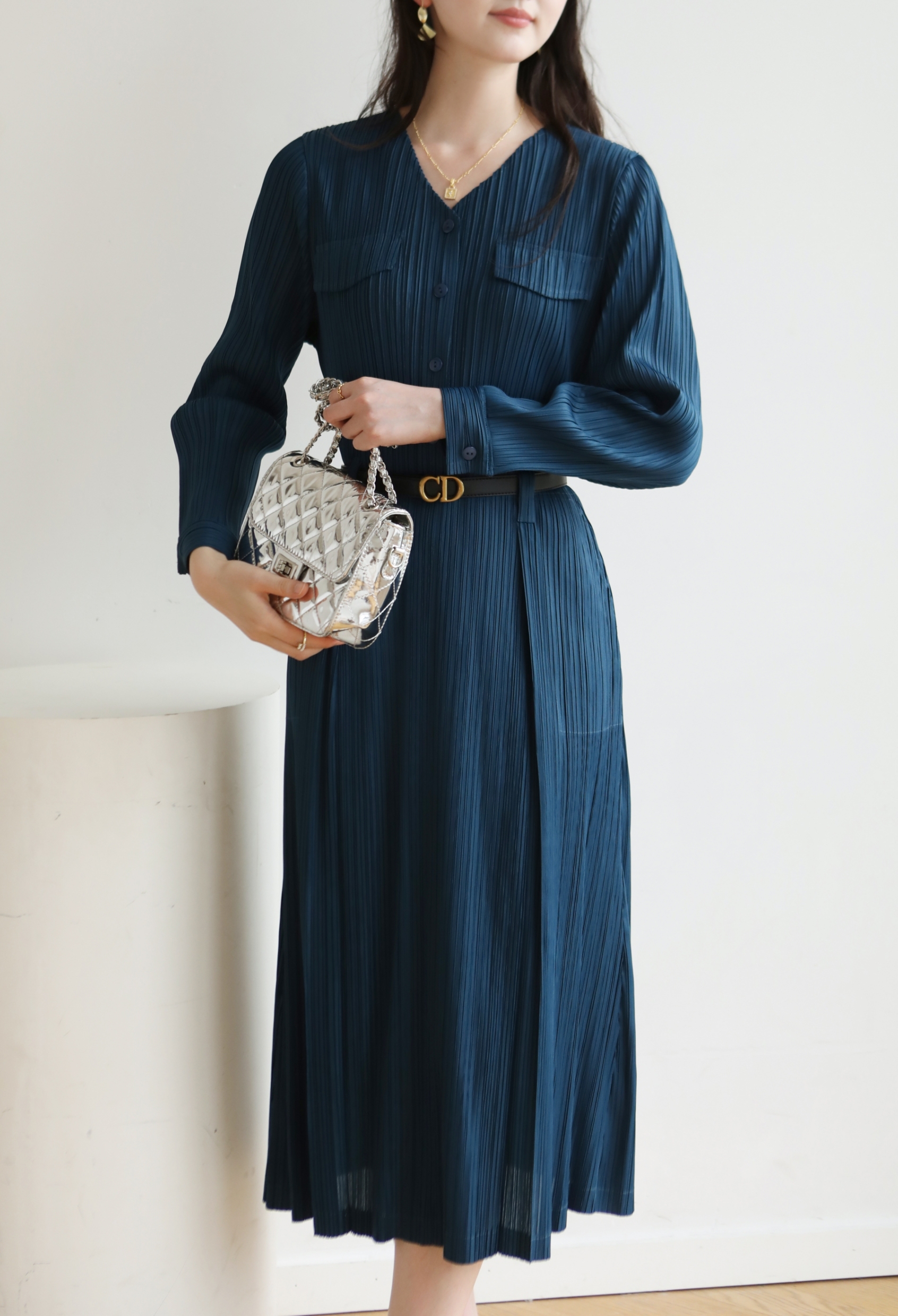 2MUAY รุ่น GJO1135 เดรสพลีทคุณภาพ V NECK LONG SLEEVE PLEATED DRESS 8 สี FREE SIZE