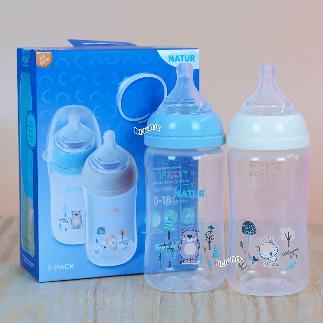 Natur infinit one size ขวดนมเนเจอร์อินฟินิท คอกว้าง PES สีชา และ PP 5 และ 9 ออนซ์ จุกนมไม่ดูดไม่ไหล 0-18 เดือน