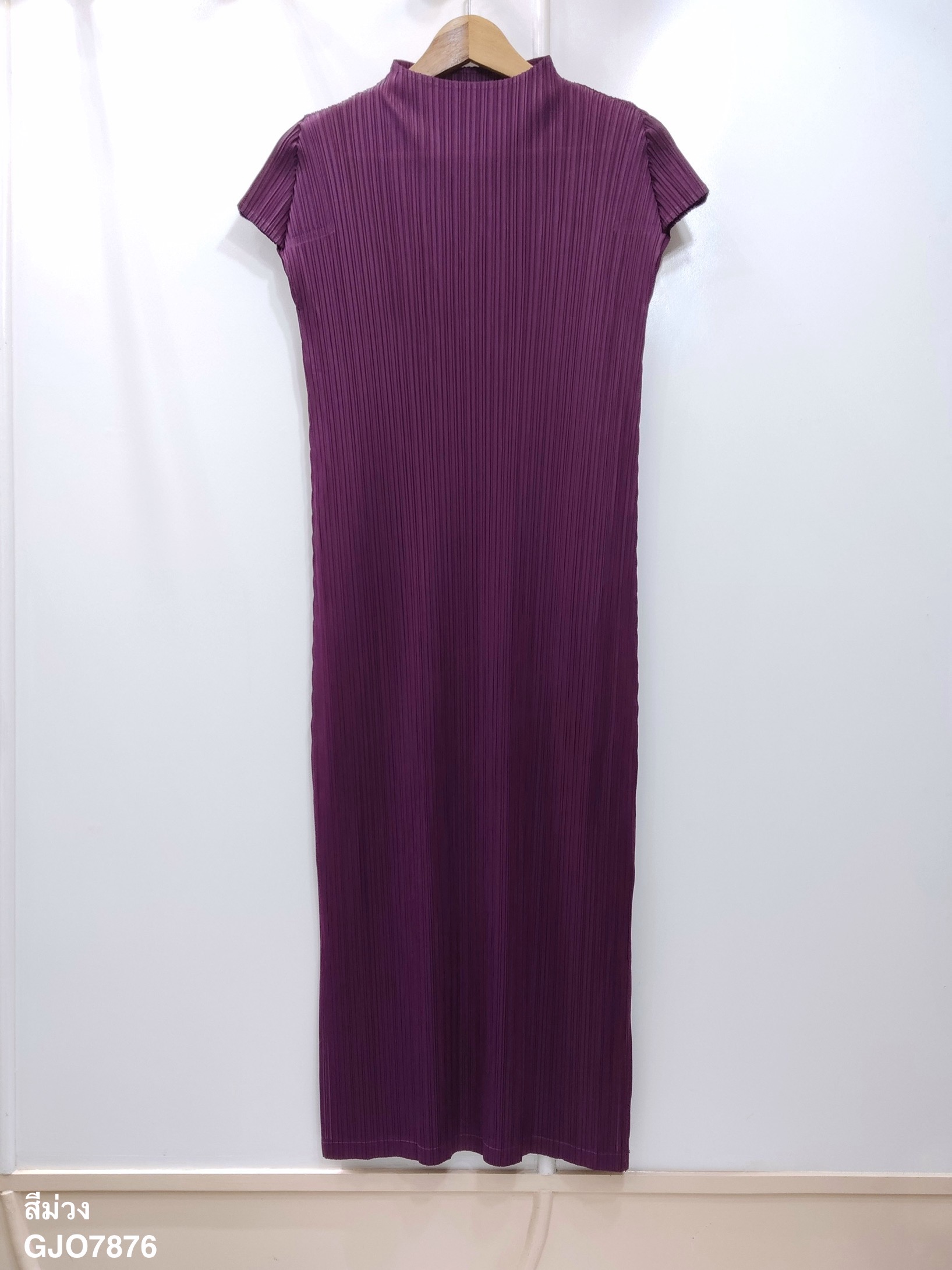 2MUAY GJO7876 เดรสพลีทคุณภาพ HIGH NECK CAP SLEEVE PLEAT DRESS 10 สี FREE SIZE