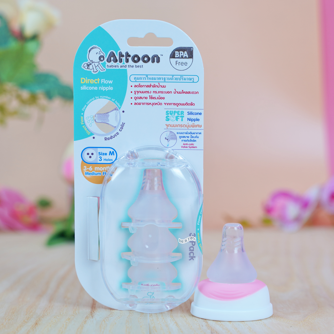 จุกนมแอทตูนนุ่มพิเศษ Attoon แอทตูน จุกนมคอแคบ จุกนมเกรดนุ่มพิเศษ Silicone Super Soft แพ็ค3ชิ้น