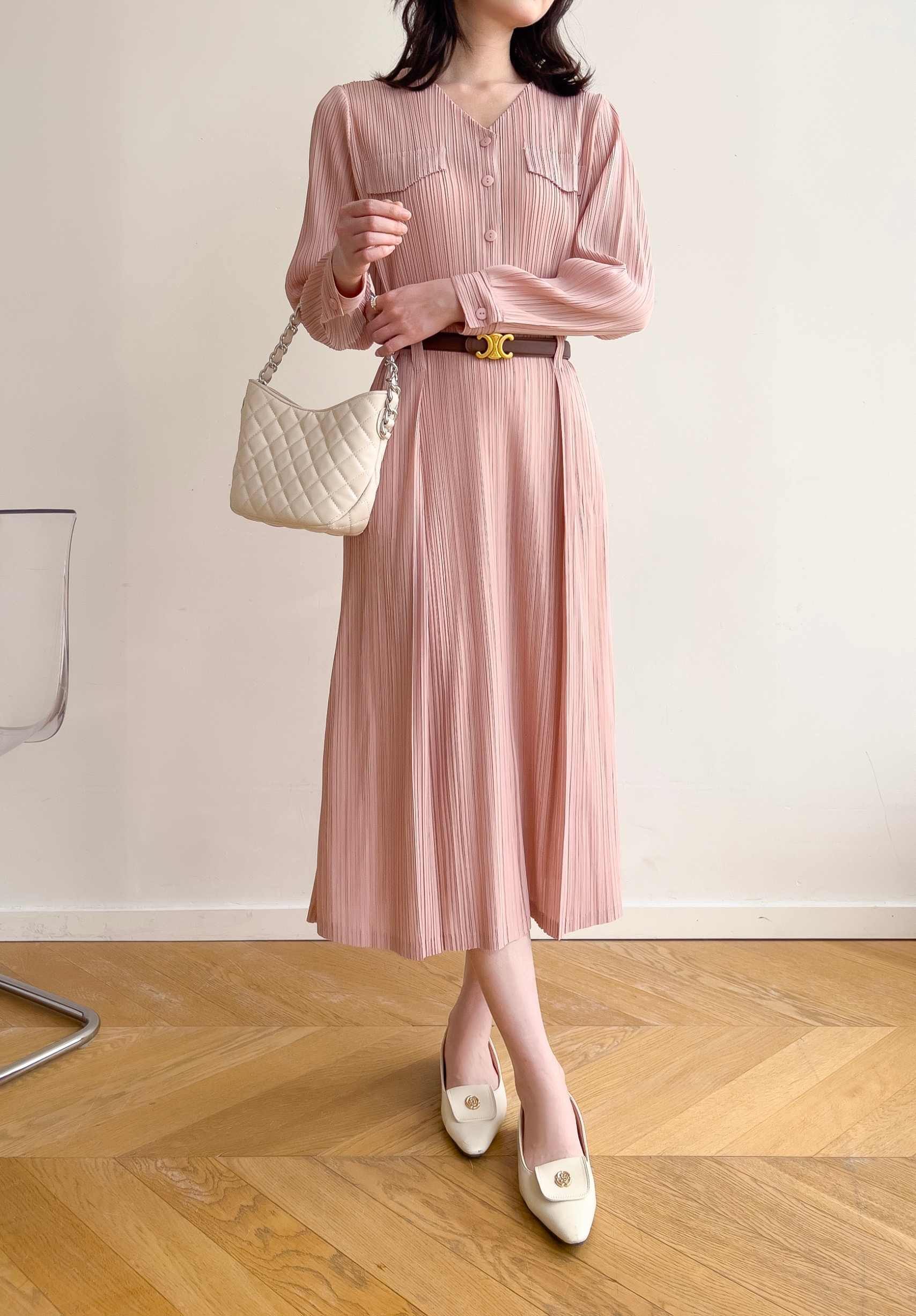 2MUAY รุ่น GJO1135 เดรสพลีทคุณภาพ V NECK LONG SLEEVE PLEATED DRESS 8 สี FREE SIZE