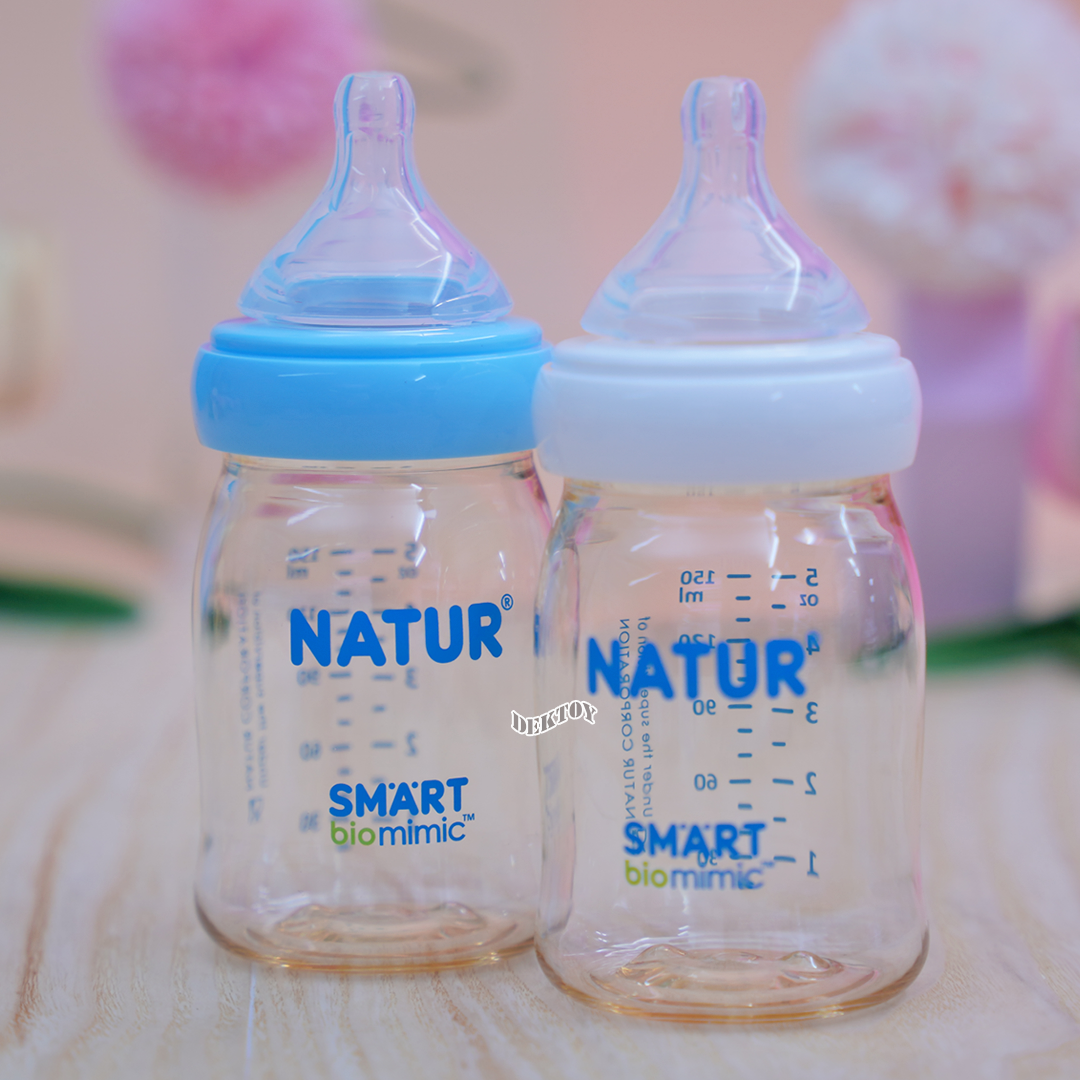 NEW-Natur เนเจอร์ ขวดนมเนเจอร์ไม่ดูด ไม่ไหล คอกว้างสมาร์ทไบโอมิมิคสีชาPES 5 ออนซ์