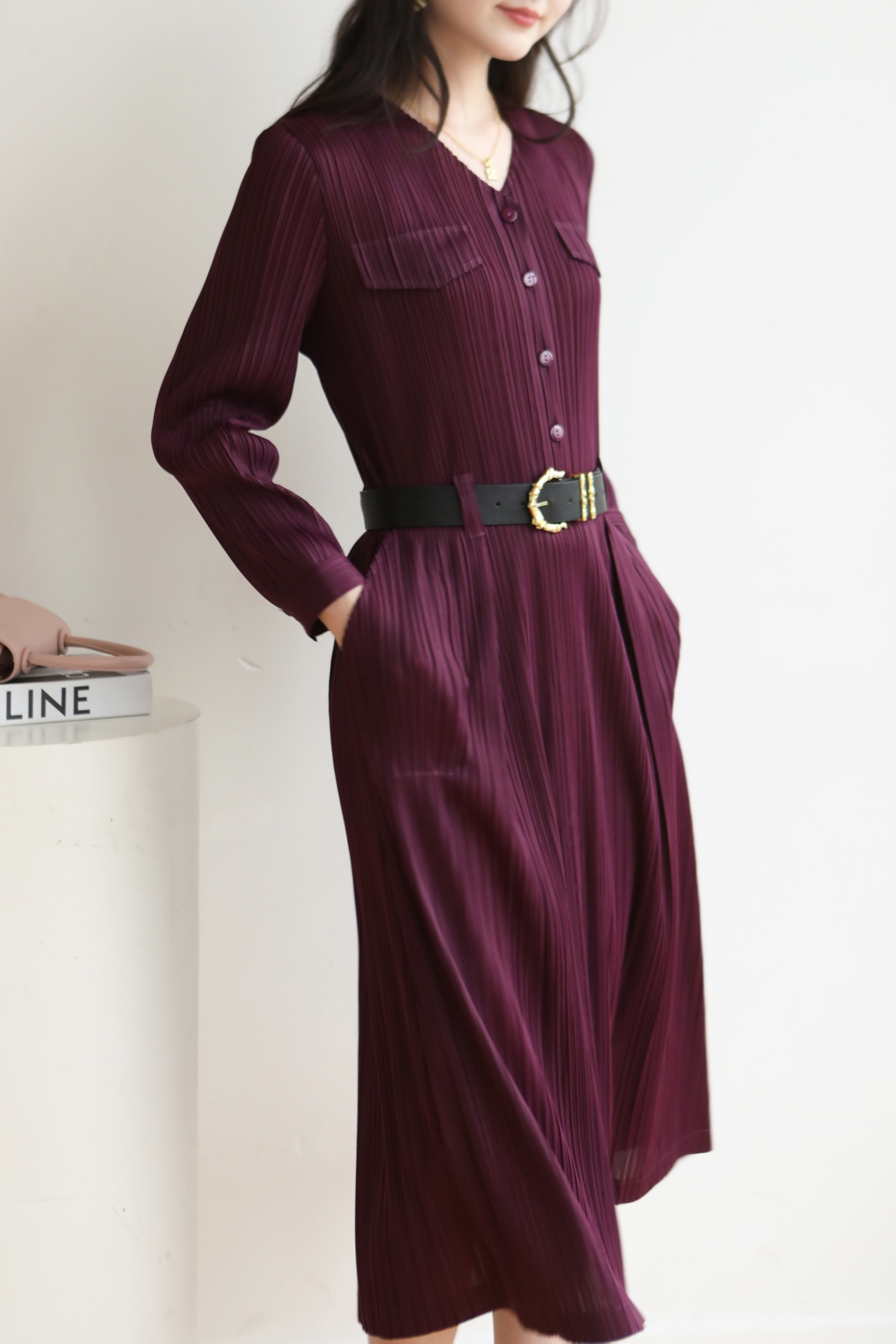 2MUAY รุ่น GJO1135 เดรสพลีทคุณภาพ V NECK LONG SLEEVE PLEATED DRESS 8 สี FREE SIZE