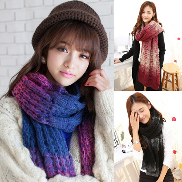 ผ้าพันคอกันหนาวผืนยาว ไหมพรมวูลนุ่มฟูสีทูโทน-11869