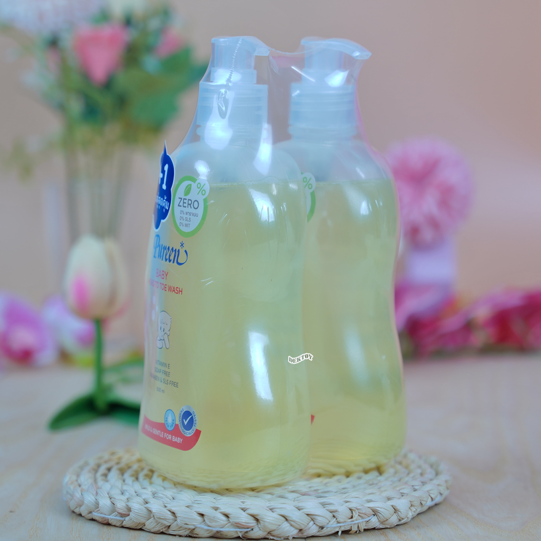1 ฟรี 1 PUREEN เพียวรีน เบบี้ เฮดทูโทวอช สบู่เหลวเพียวรีนอาบและสระ 500 มล.หัวปั๊ม