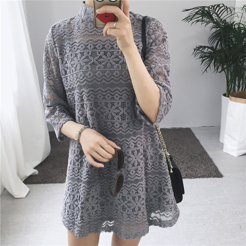 ชุดเดรสลูกไม้คอปิด ซิปซ่อนด้านหลัง ลายลูกไม้ตามแบบ มี 3 สี ดำ/เทา/ขาว