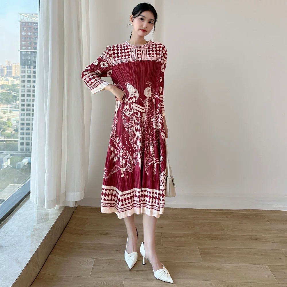 ปรับราคาลง30%!! 2MUAY รุ่น CX2465 เดรสพลีทคุณภาพ ROUND NECK LONG SLEEVE PRINTED PLEATED DRESS 4 สี FREE SIZE