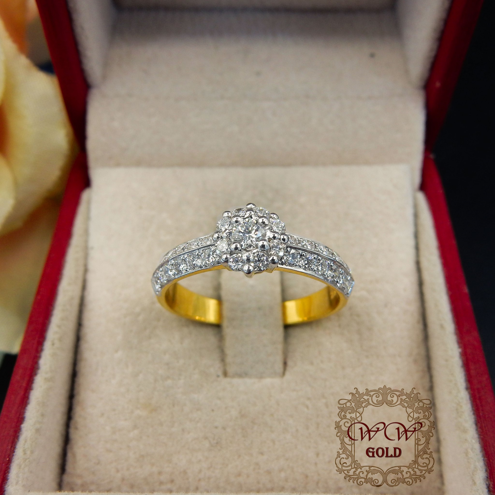 แหวนประกบดีไซน์ดอกไม้ ก้าน 2 แถว (เพชรเบลเยียมแท้)