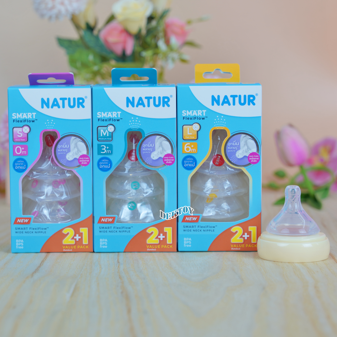 Natur เนเจอร์ จุกนมคอกว้าง เนเจอร์สมาร์ท จุกนิ่มหลายรู แพ็ค3ชิ้น