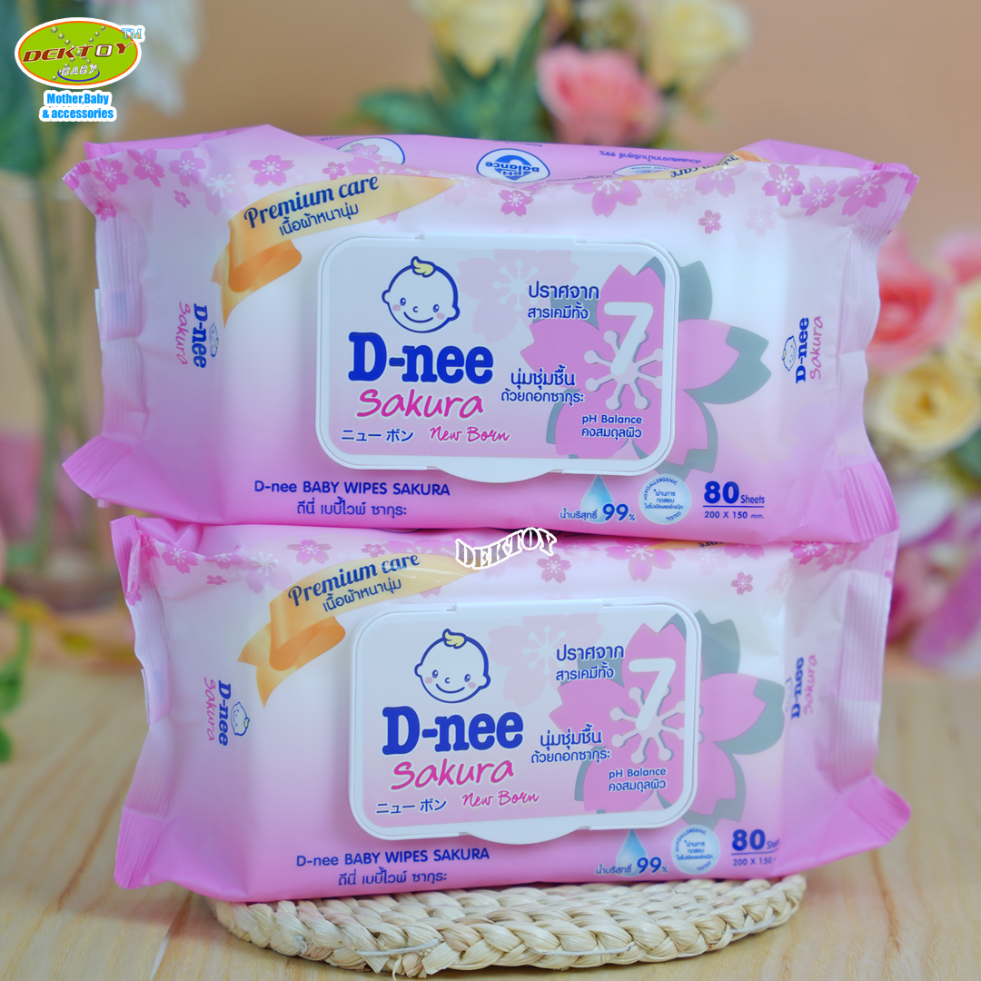 D-nee ดีนี่ ทิชชู่เปียก เบบี้ไวพส์ ซากุระ สูตรชุ่มชื้นพิเศษ สำหรับทารก 80 ชิ้น แพ็ค 2 ห่อ