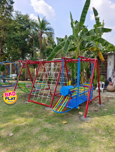 เครื่องเล่นสนามกลางแจ้ง เหล็ก ชุดปีนป่ายรวมรถไฟ พร้อมชิงช้านั่งคู่ OutdoorPlayground,ผลิตเครื่องเล่นสนาม,เครื่องเล่นในสนามเด็กเล่น,เครื่องเล่นงบสพฐ.,ประชารัฐ, ราคาโรงงาน ขนาด 150 x 350 x 160 ซม.