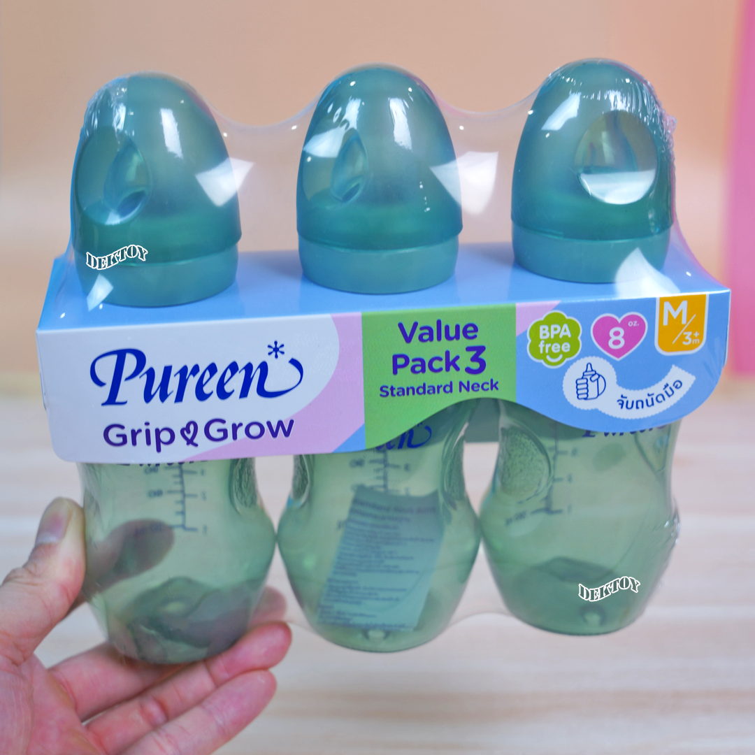 Pureen ขวดนมเพียวรีนจับถนัดมือ PPคอมาตรฐานแพ็ค3ขวดจุกนุ่มAnti-colic Grip grow
