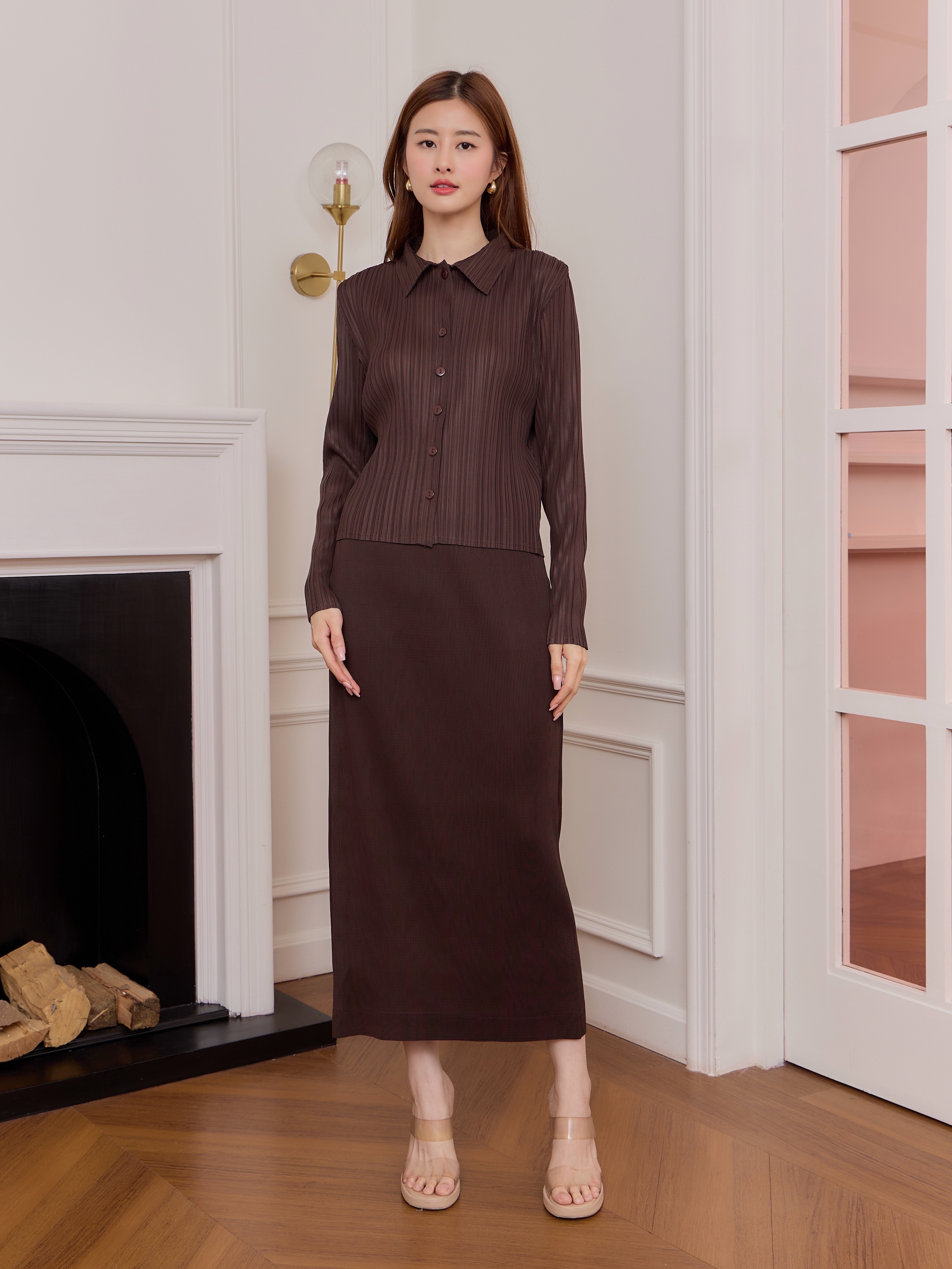 2MUAY รุ่น GJO5006-9 / GJO1821-9 เซ็ตพลีทคุณภาพ FRONT SHIRT CROP BUTTON WITH SKIRT PLEATED SET 7 สี FREE SIZE